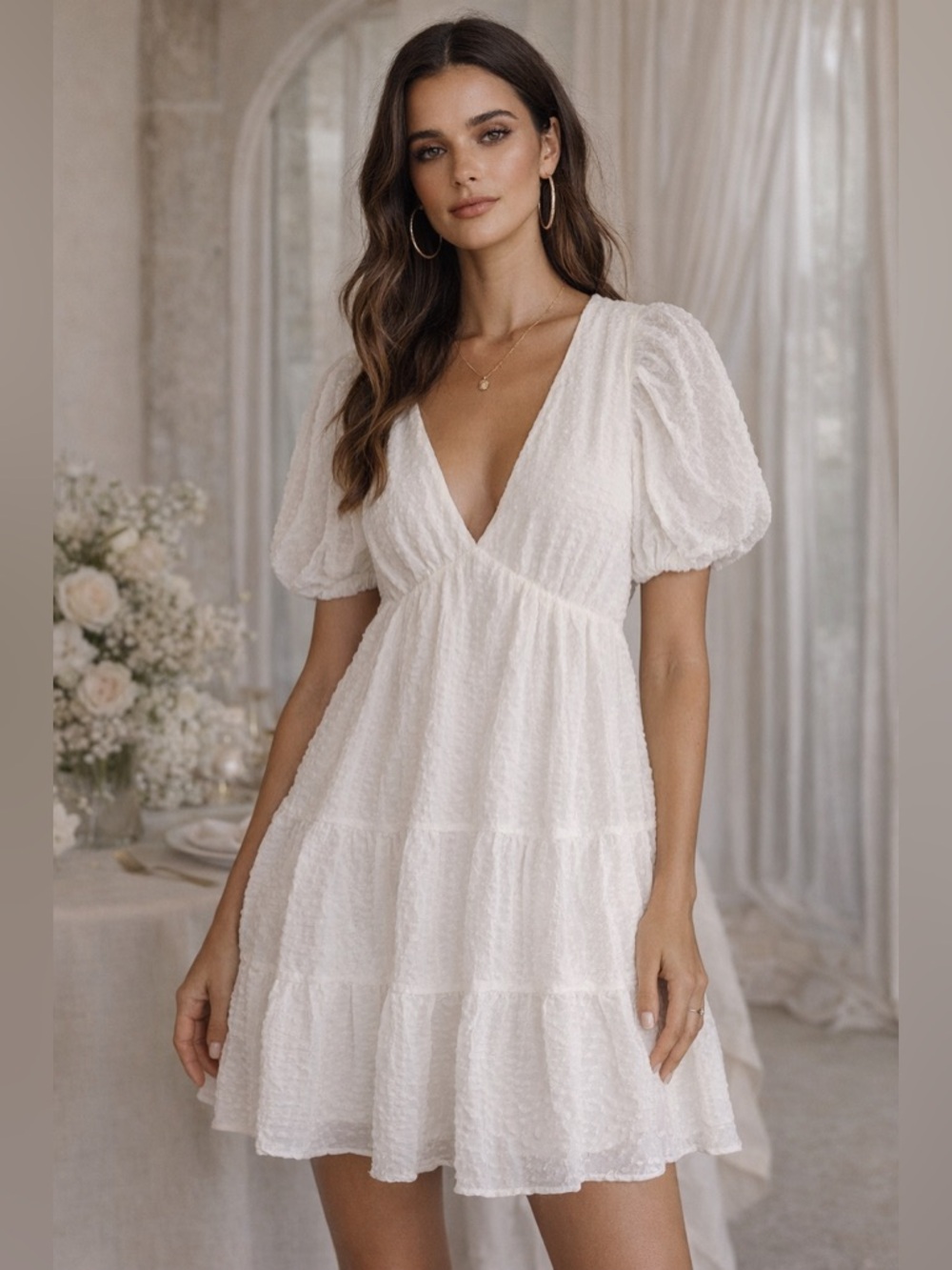QUIZ White Textured Puff Sleeve Mini Dress Tie Back Babydoll Size 10